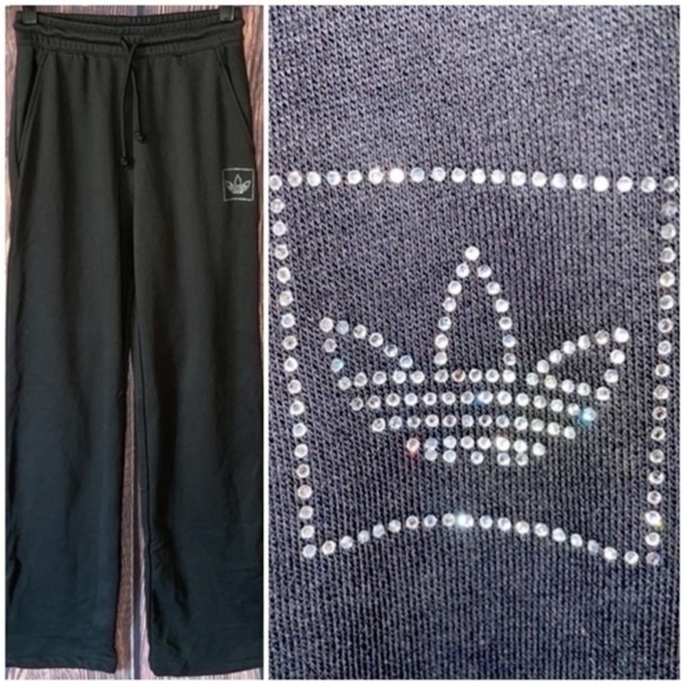 Adidas Crystal Trefoil Hi Rise Pocket Drawstring Athleisure Sweat Workout Pants
